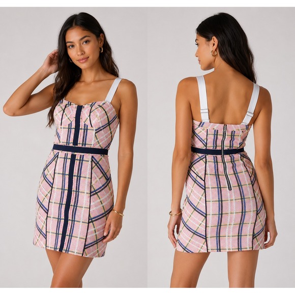 Rebecca Minkoff Dresses & Skirts - Rebecca Minkoff Clara Pink Plaid Tweed Bustier Mini Dress Size 8 Preppy Coquette